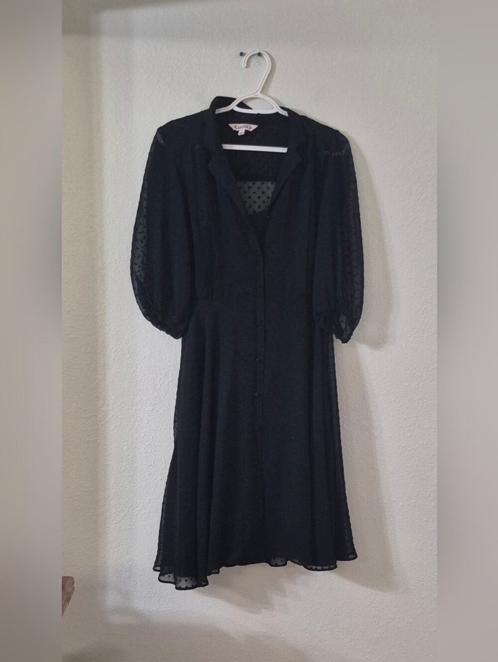 Nanette Lepore Black Midi Dress with Sheer Dotted Puff Sleeves